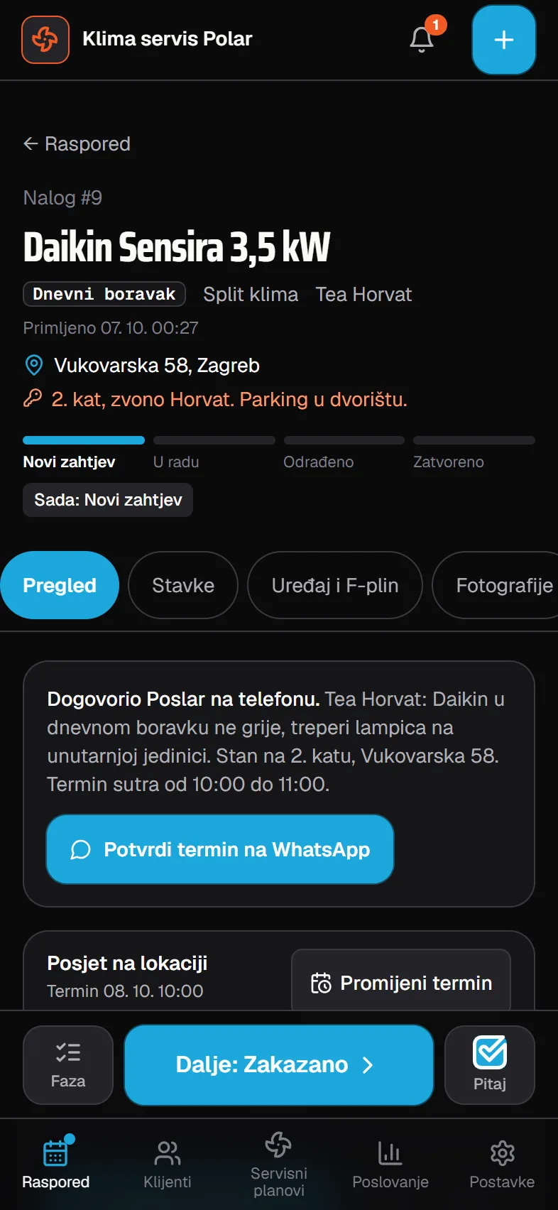 Klima serviser: radni nalog u aplikaciji