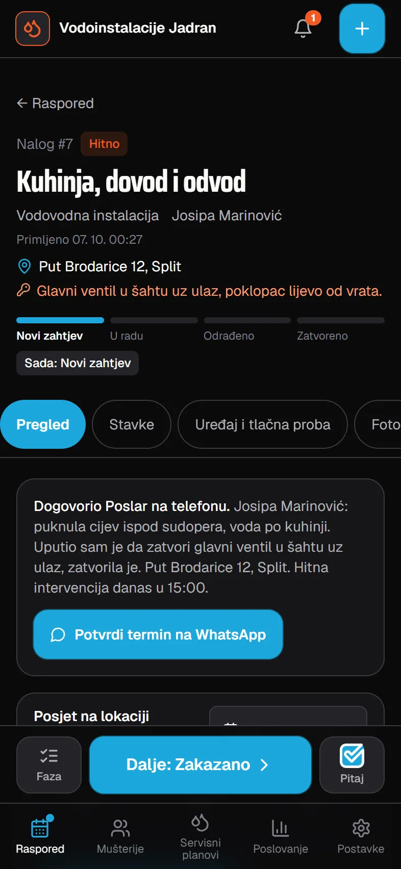 Vodoinstalater: radni nalog u aplikaciji
