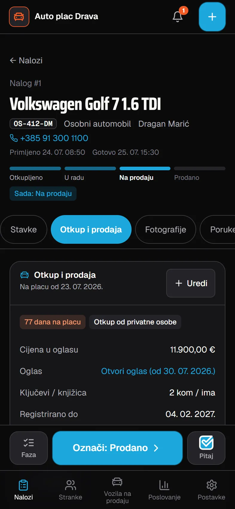 Auto plac: radni nalog u aplikaciji
