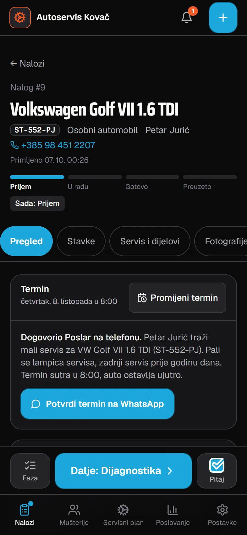 Radni nalog u aplikaciji