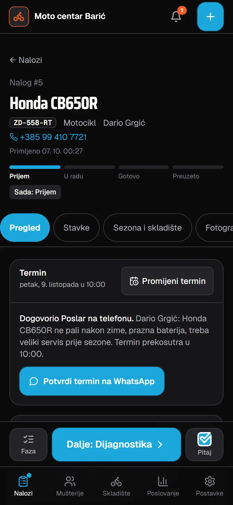Moto: radni nalog u aplikaciji
