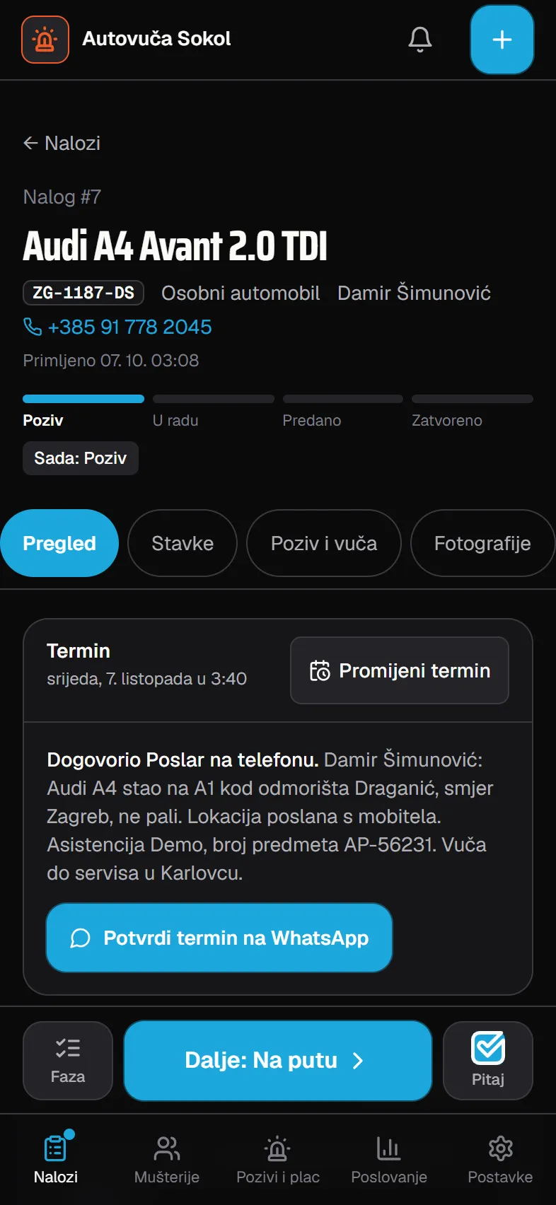 Vučna služba: radni nalog u aplikaciji