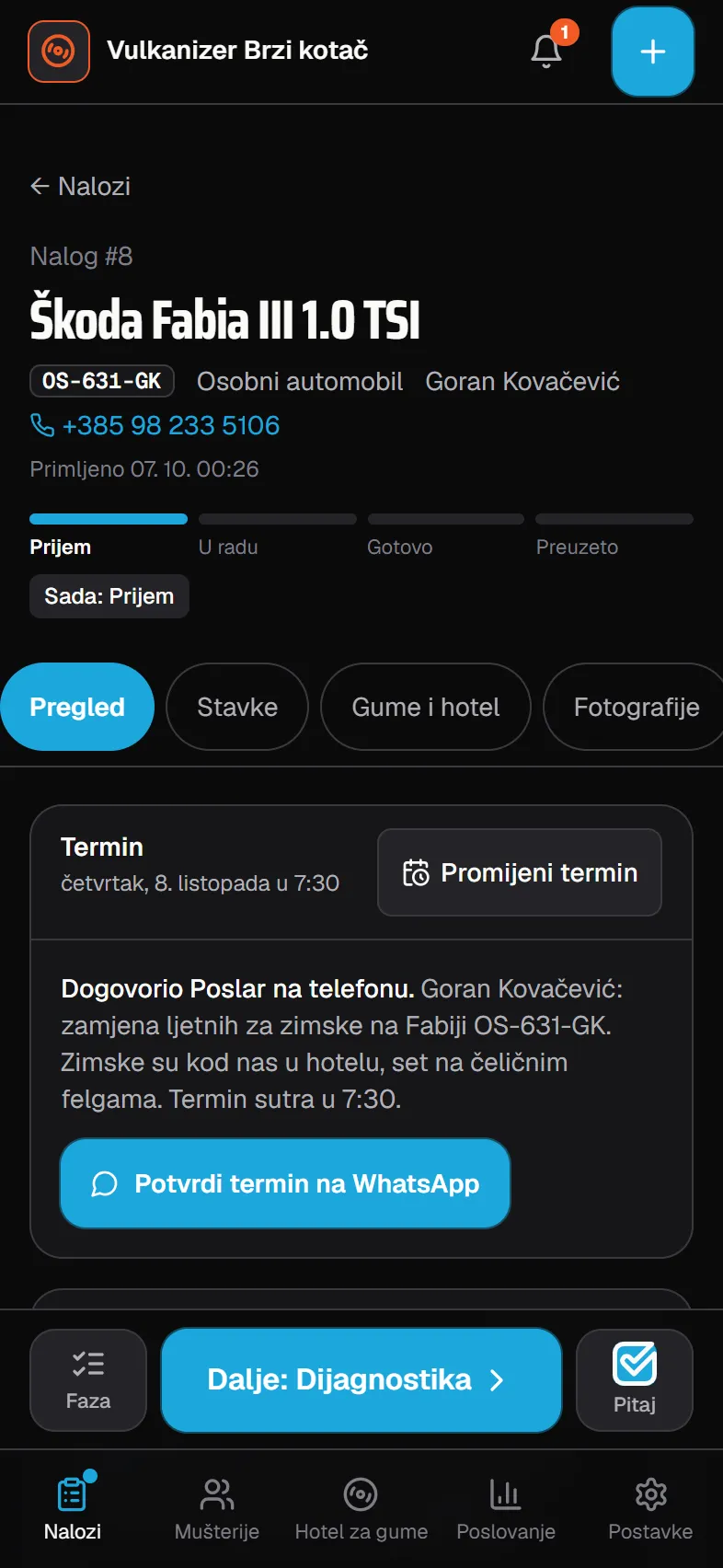 Vulkanizer: radni nalog u aplikaciji